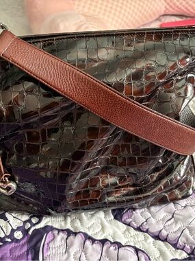 Brighton Shiny Croc-Embossed Shoulder Bag in Dark Brown with Chestnut Strap